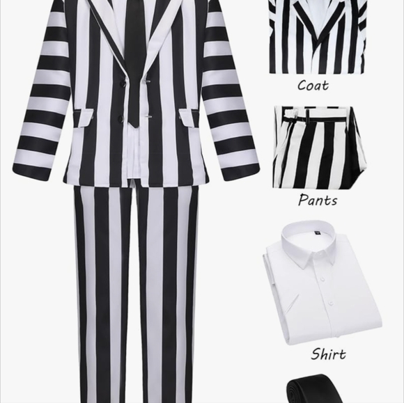 Men's BEETLEJUICE BEETLEJUICE BEETLEJUICE Cosplay Halloween Suit and WIG, XL - Picture 3 of 11